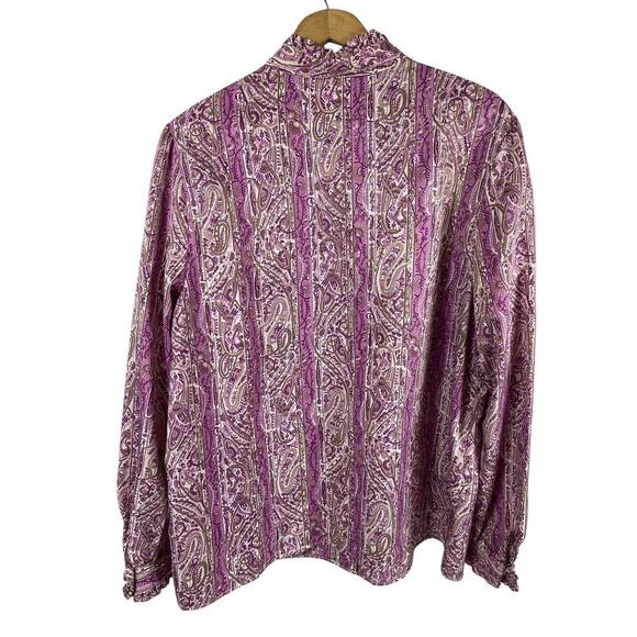 Vintage 1960s Blouse High Ruffle Neck Purple Paisley Button Up Secretary 42 / 2X - Picture 13 of 15